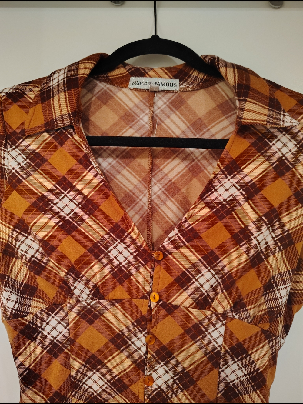 Rust Plaid Collared Button Front Mini Dress - Picture 2 of 7
